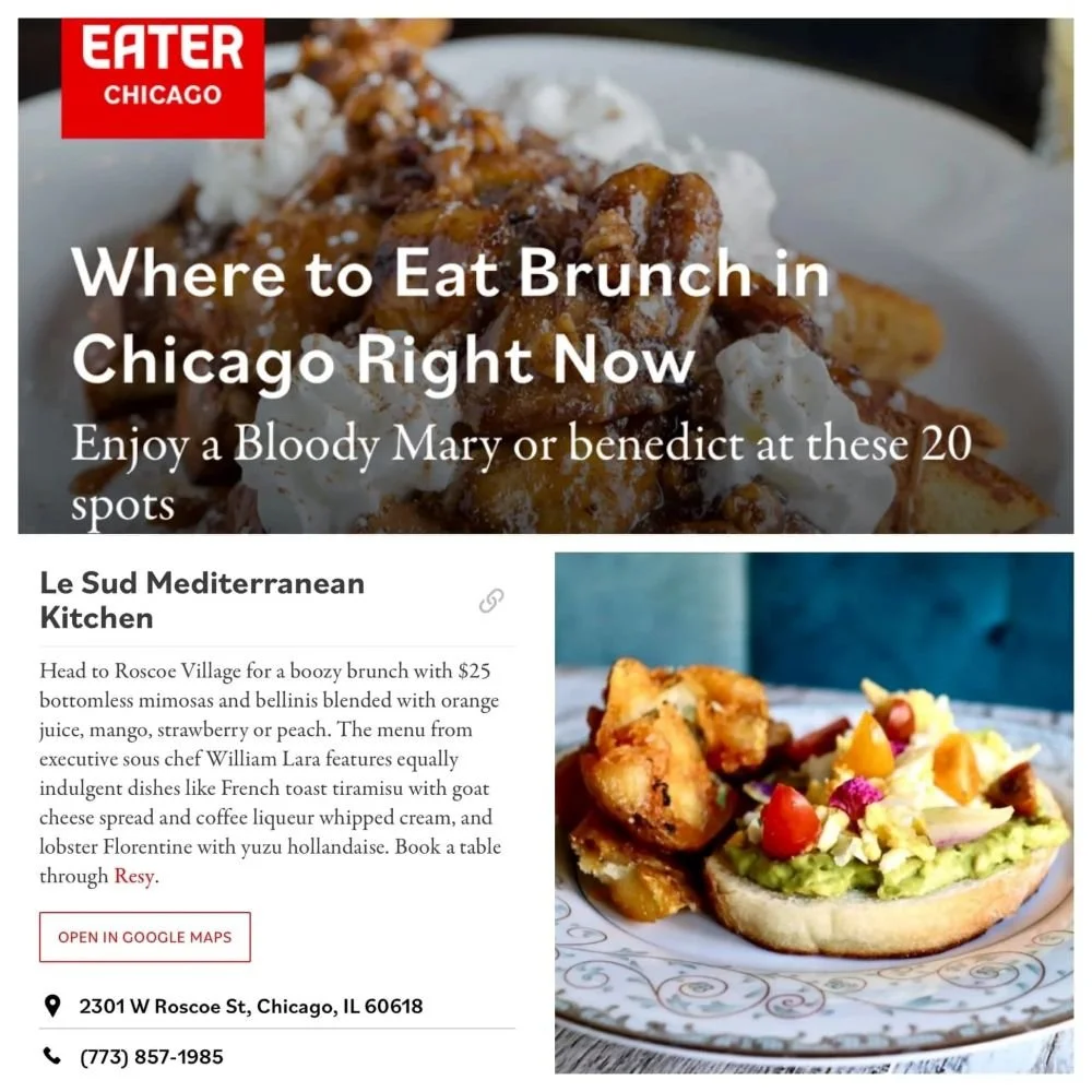 Eater Chicago brunch guide featuring Le Sud Mediterranean Kitchen, with avocado toast and fried potatoes.