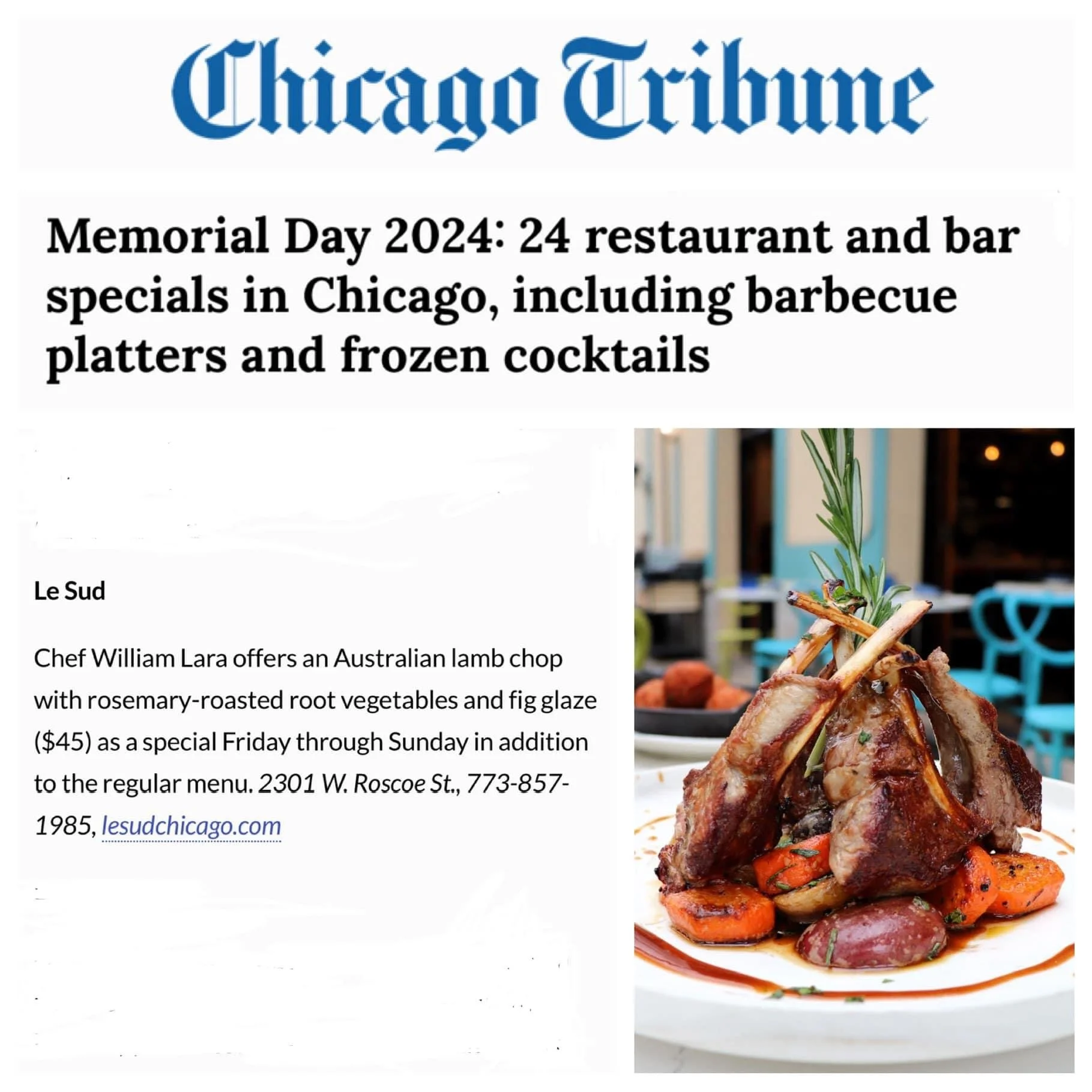 Chicago Tribune article about 2024 Memorial Day restaurant and bar specials in Chicago, featuring a rosemary-garnished Australian lamb chop with roasted root vegetables.