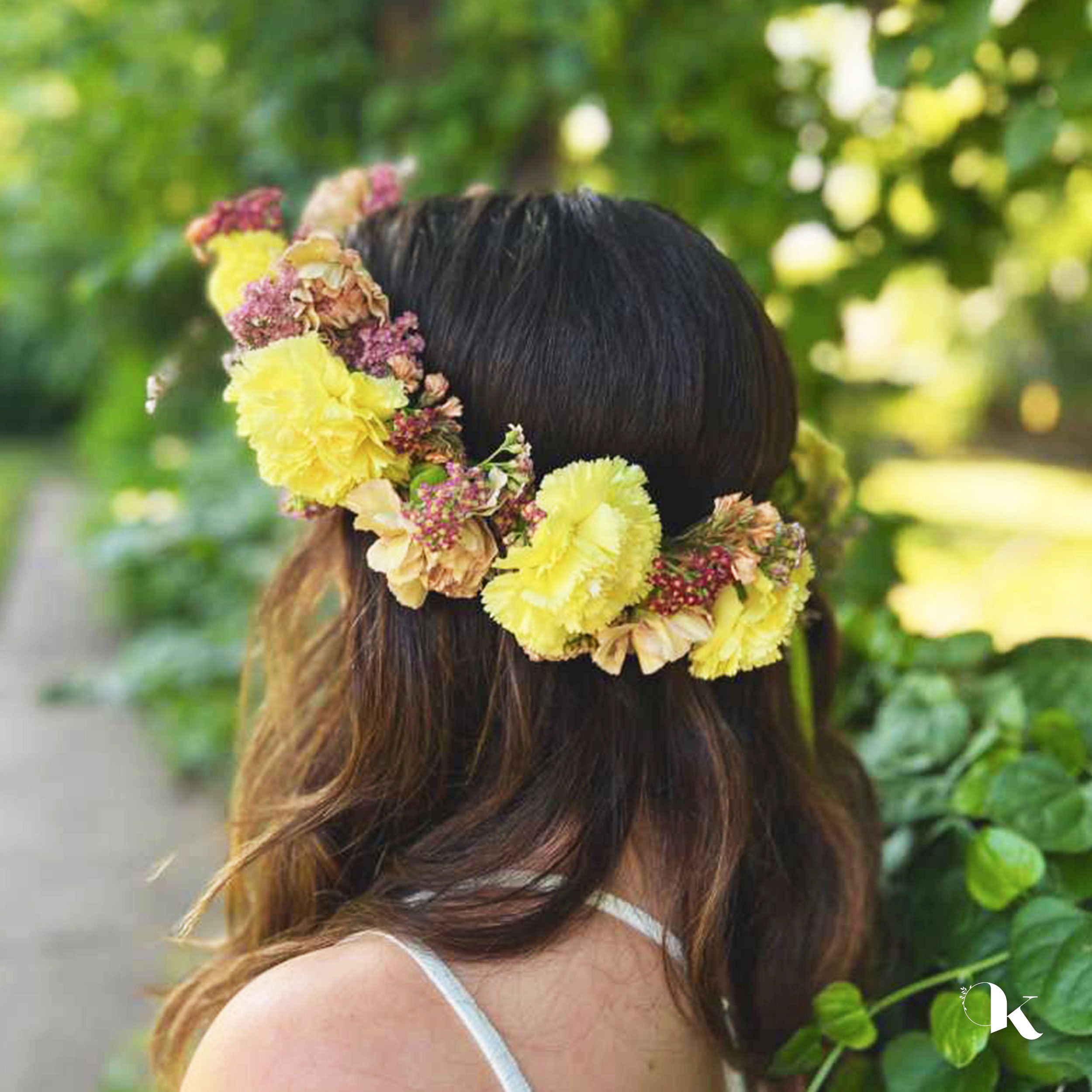 Pride flower crown made with carnations and filler flowers, handmade in Fort Worth, Texas.