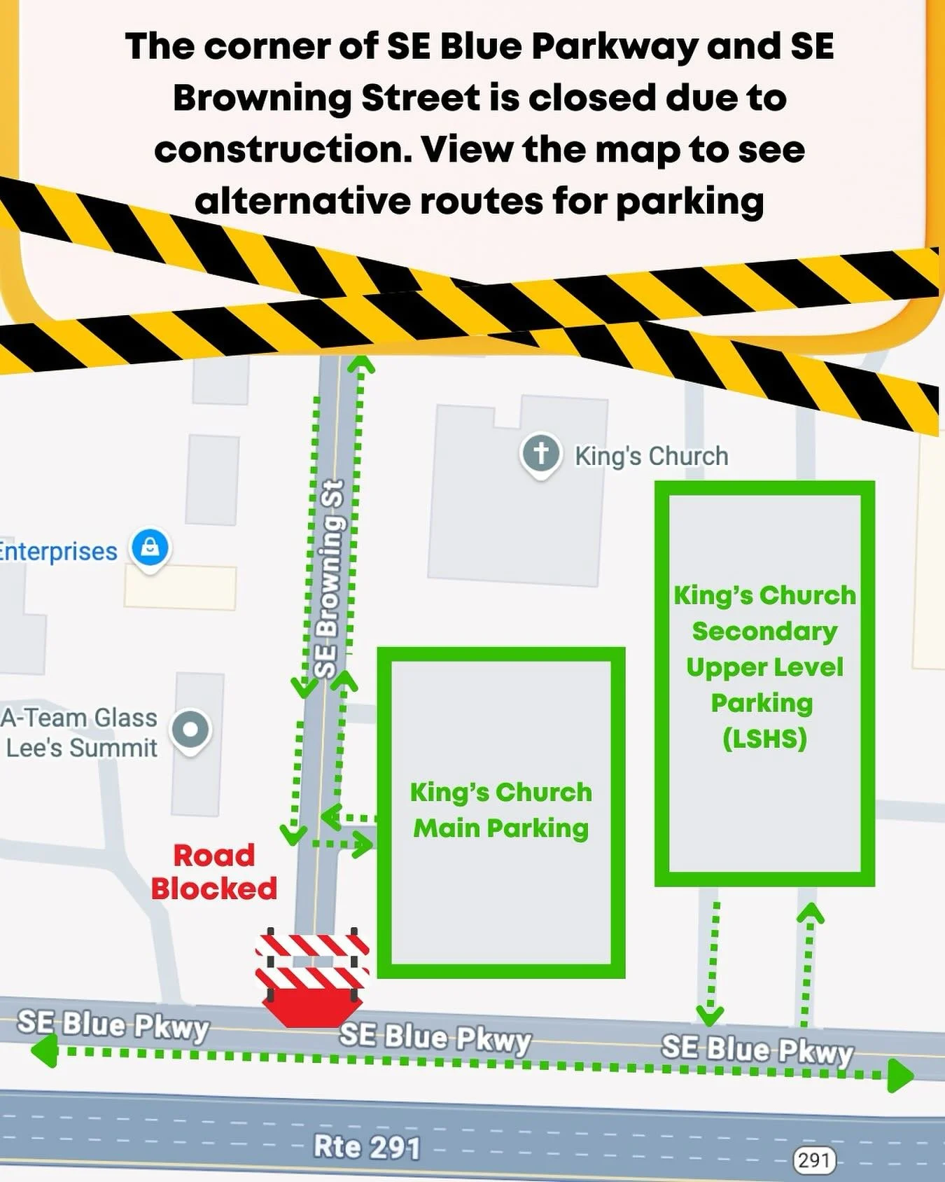🚧 Travel Update for This Sunday!

Heads up, King&rsquo;s Church family - there&rsquo;s still construction at the corner of SE Blue Parkway and SE Browning Street, which means you can&rsquo;t turn onto SE Browning from SE Blue Parkway right now.

✅ Y