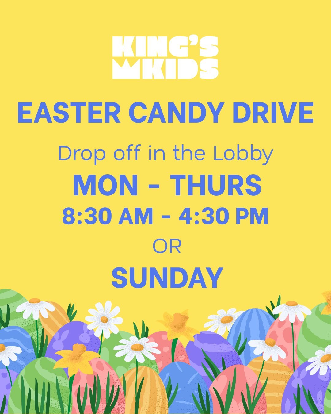 We&rsquo;re getting ready for Easter at King&rsquo;s 🐣✨
Help us make it extra special for our kids by donating individually wrapped candy for our Easter celebrations in King's Kids classrooms!
Drop off at King's Church lobby:
Monday - Thursday from 