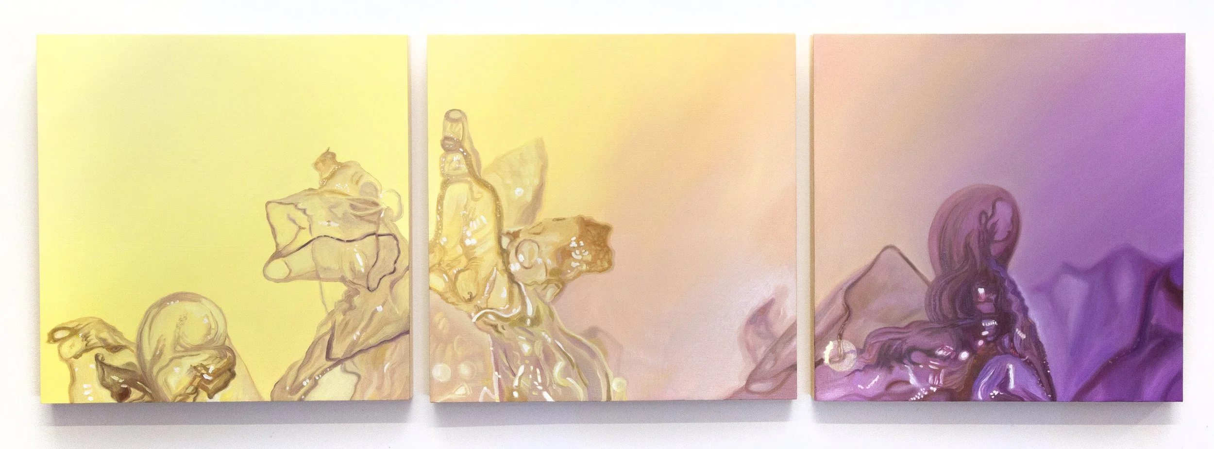 Disposable Terrain (Yellow Bliss, Twisted Oasis, Evening Loss), 2025, oil on panel, 10 x 10 inches each