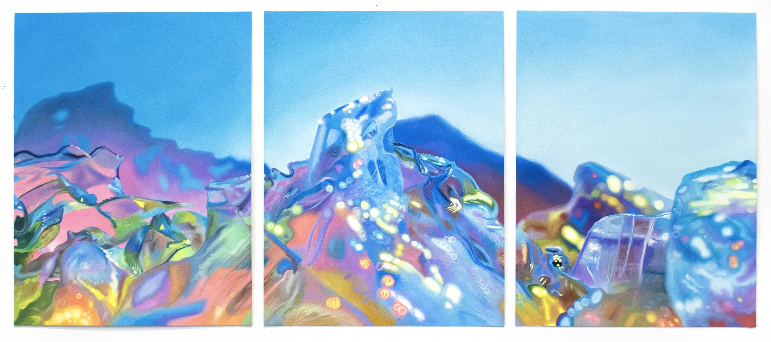 Blithe Azure, 2025, oil on paper, (triptych) 16 x 12 each, 16 x 36 inches total
