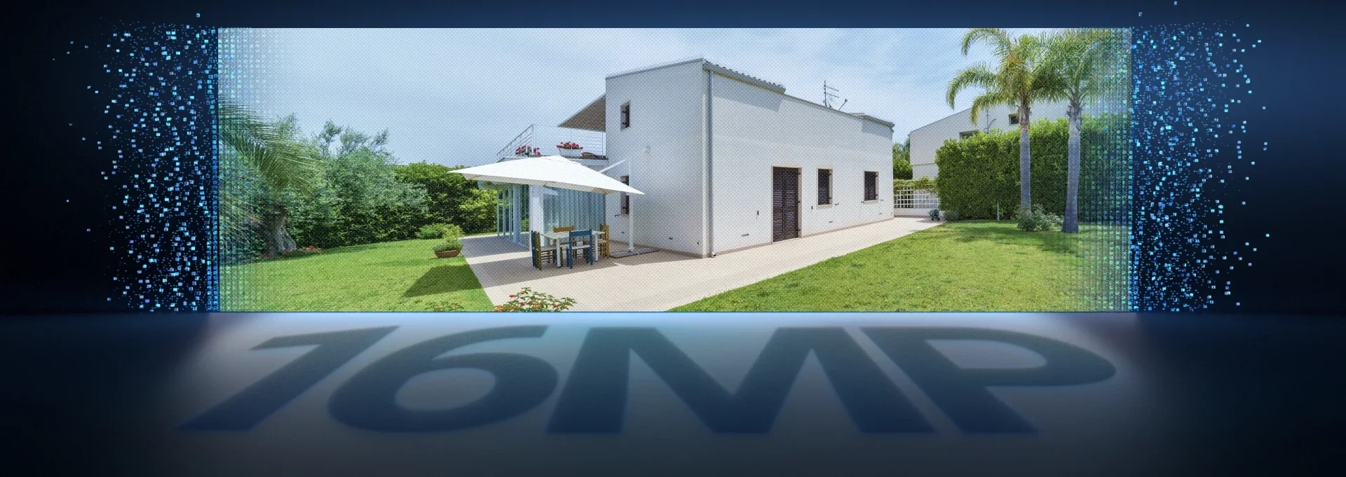 A view of a white house with the shadow displaying 16MP