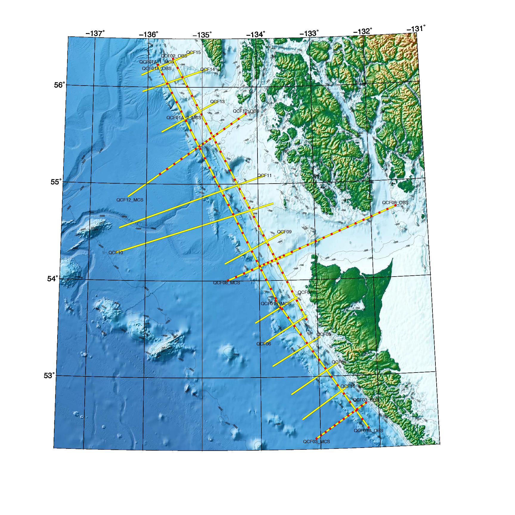 Approximate planned acquisition for summer 2021. Yellow lines are multi-channel seismic reflection data, red circles are temporary OBS deployments.
