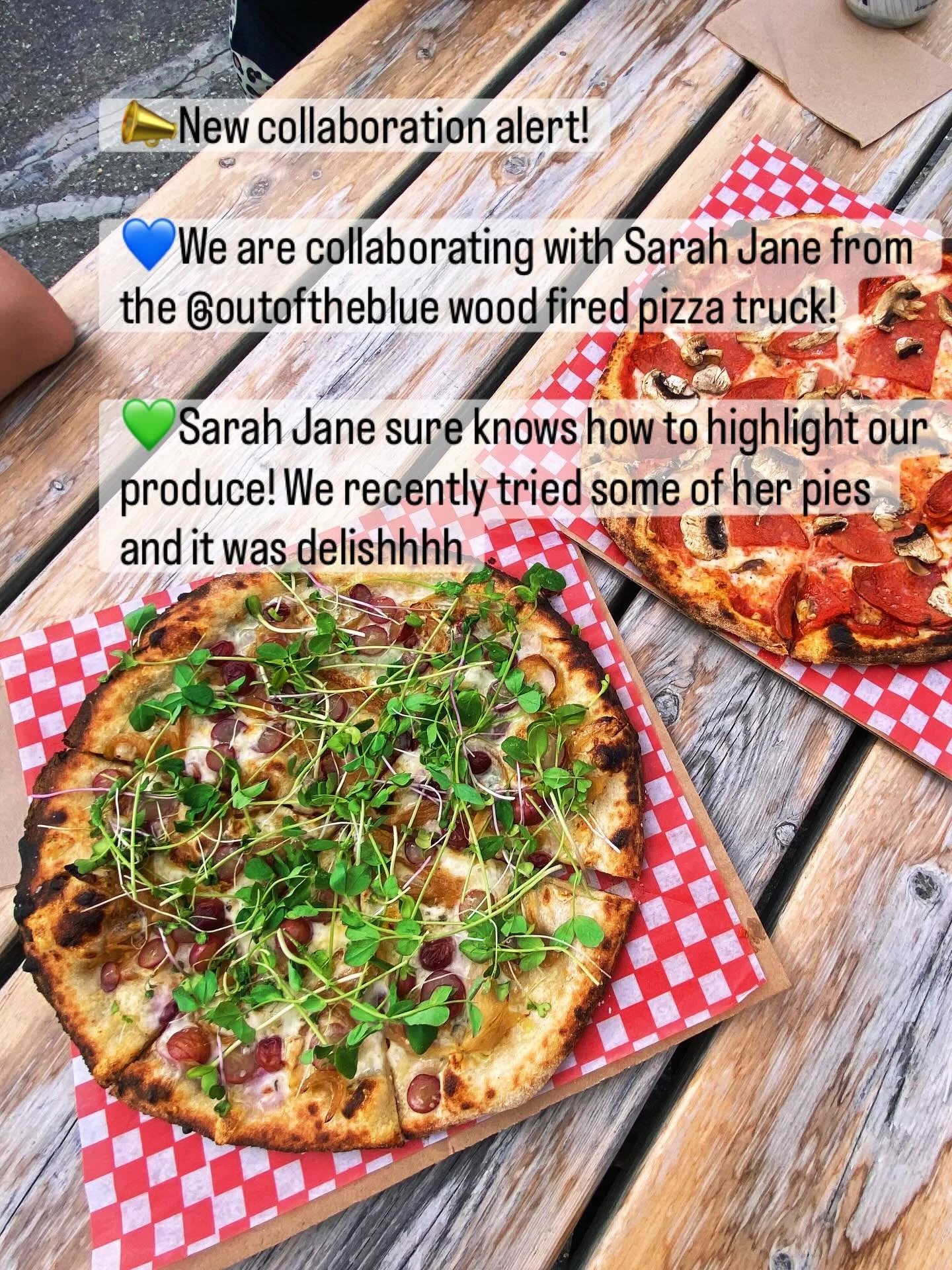 📣New collaboration alert!

💙We are collaborating with Sarah Jane from the @outoftheblue wood fired pizza truck!

💚Sarah Jane sure knows how to highlight our produce! We recently tried some of her pies and it was delishhhh
