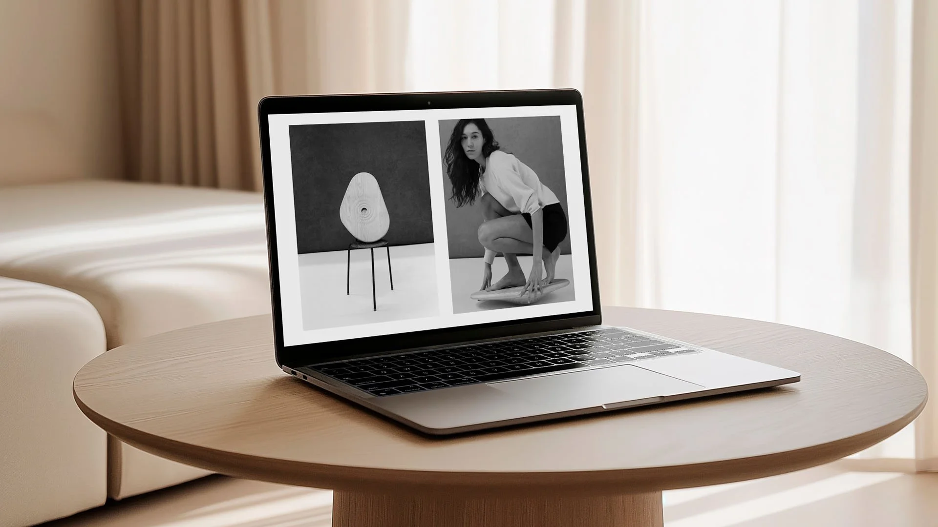Squarespace website design for Studiomama, showing a black and white photography layout on a laptop screen