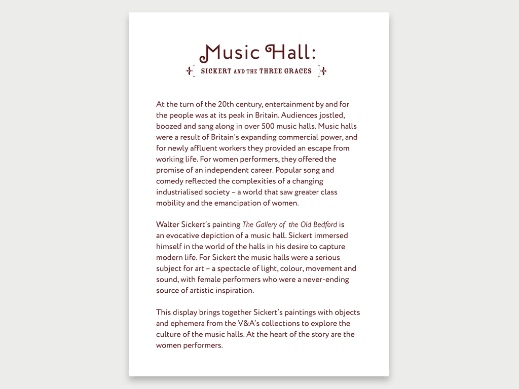 Introduction to Music Hall, Sickert and the three Graces, exhibition at V&A Museum.