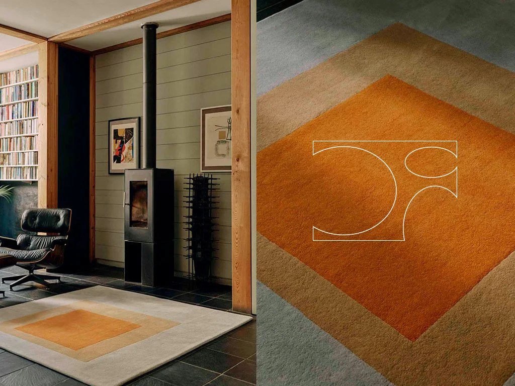 Modern living room with a black wood stove, bookshelf, black lounge chair, white rug with orange and beige accents, and framed artwork, shown both inside and a close-up of the rug.