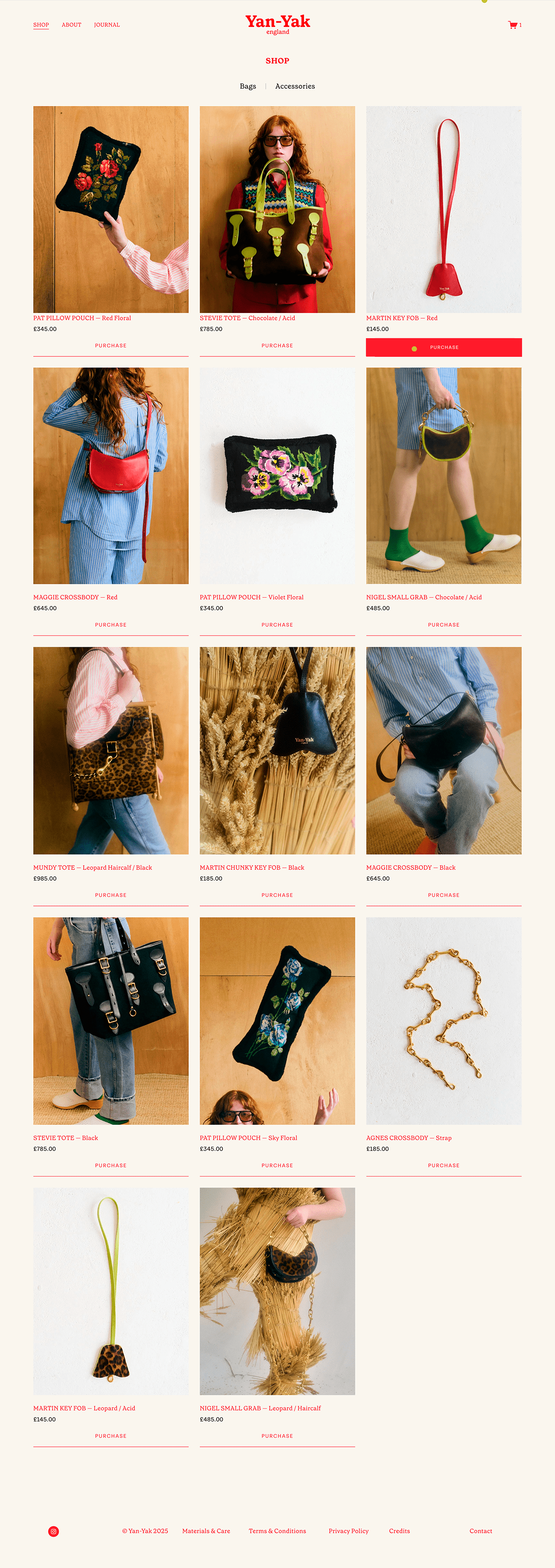 Yan Yak leather bags online store landing page.