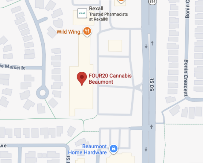 Map showing the location of FOUR20 Cannabis Beaumont near Wild Wing restaurant, Rexhall pharmacy, and Beaumont Home Hardware, with streets and landmarks in the area.
