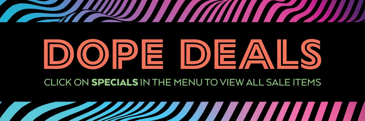 Dope Deals Web Banner with a gradient wave pattern background going from teal to pink