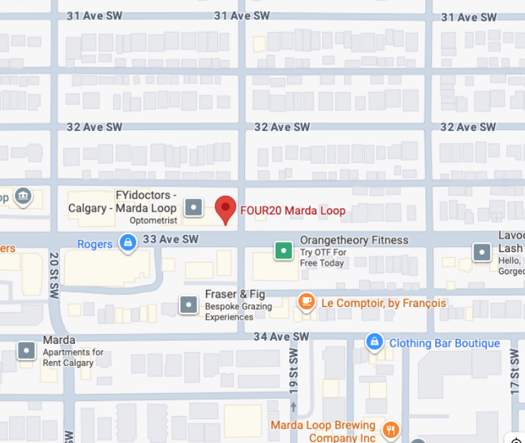 Map showing streets and locations near 20 St SW Calgary, including businesses like Fydctors, Rogers, Orangetheory Fitness, Fraser & Fig, Le Comptoir, Clothing Bar Boutique, Marda Loop Brewing, and other local landmarks.