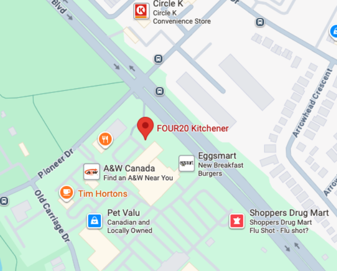 Map showing several nearby businesses including FOUR20 Kitchener, Tim Hortons, A&W Canada, Eggsmart, Pet Valu, Shoppers Drug Mart, and Circle K convenience store.