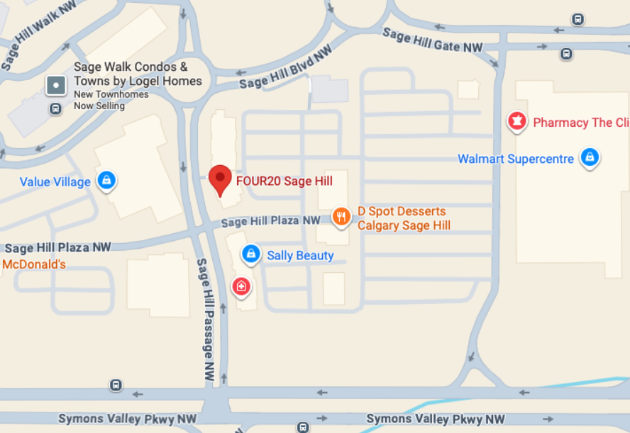 Map showing Sage Hill Plaza NW, with businesses such as FOUR20 Sage Hill, McDonald's, Sally Beauty, Pharmacy The Clinic, Walmart Supercentre, and D Spot Desserts Calgary Sage Hill, and nearby roads including Sage Hill Walk NW, Sage Hill Blvd NW, Sage Hill Passage NW, and Symons Valley Pkwy NW.