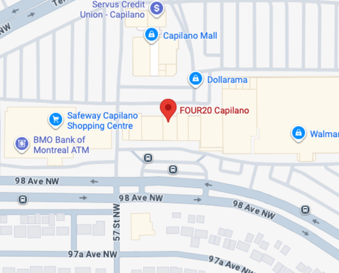Map showing various stores and locations near 98 Ave NW, including Capilano Mall, Safeway, Walmart, Dollarama, and a BMO Bank ATM, with a marker for FOUR20 Capilano.