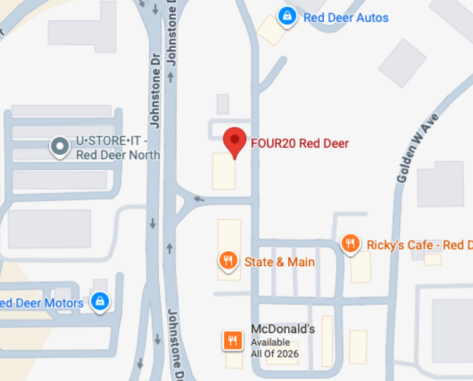 Map showing locations near Johnston Drive and Golden West Avenue, including Four20 Red Deer, Ricky's Cafe, McDonald's, and U-STORE-IT Red Deer North.