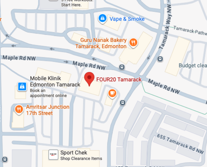 Map showing locations on Maple Rd NW in Edmonton, including FOUR20 Tamarack, Guru Nanak Bakery, Amritsar Junction 17th Street, Mobile Klinik Edmonton Tamarack, Sport Chek, and Vape & Smoke, with bus stops marked along the route.