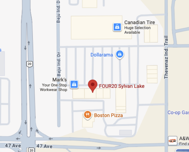 Map showing the location of FOUR20 Sylvan Lake, near Boston Pizza, Mark's Workwear, Dollarama, and Canadian Tire.