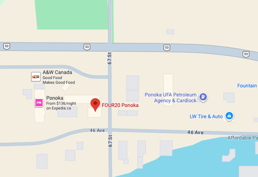 Map showing locations on 67 St, 46 Ave, in Ponoka, including businesses like A&W Canada, Ponoka UFA Petroleum Agency, LW Tire & Auto, and a restaurant called FOUR20 Ponoka.