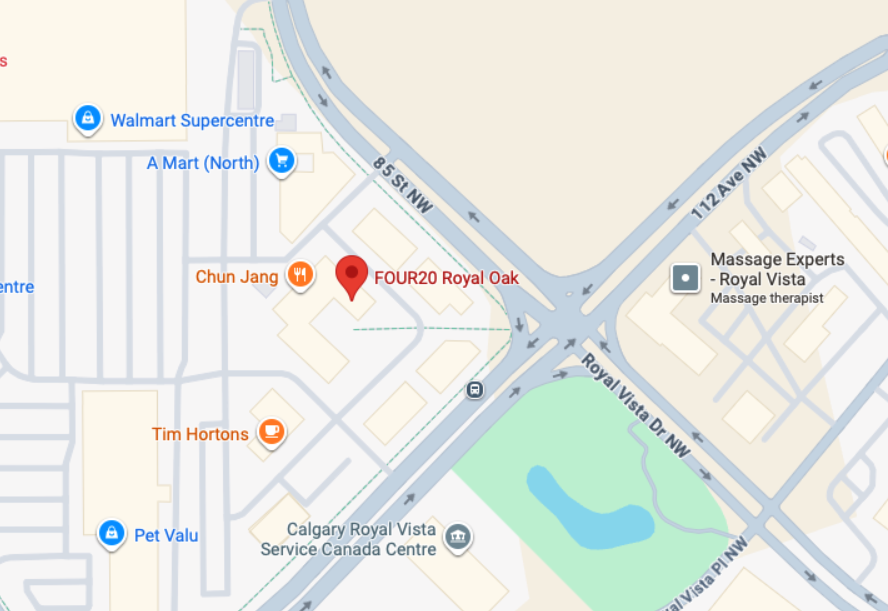 Map showing locations of nearby businesses, including Walmart Supercentre, A Mart, Chun Jang restaurant, Tim Hortons, Pet Valu, Royal Vista service centre, and a massage therapist, around Royal Vista Drive NW and 112 Ave NW.