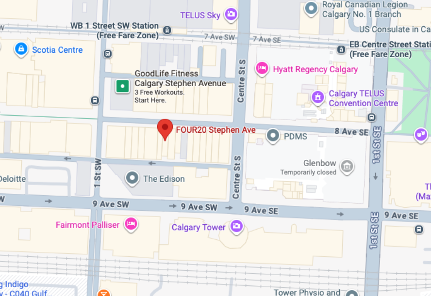 Map showing location of FOUR20 Stephen Ave in Calgary with nearby landmarks including Calgary Tower, Hyatt Regency Calgary, and Calgary TELUS Convention Centre.