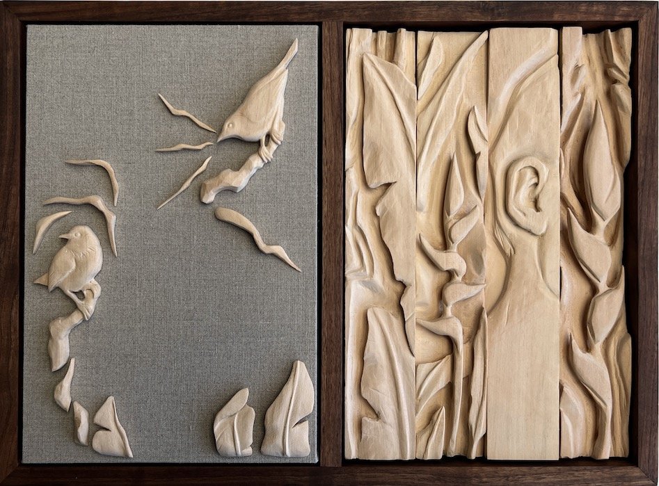 Ear To The Forest. Handcarved basswood, linen, handmade walnut frame. 13" x 18" x 2" 