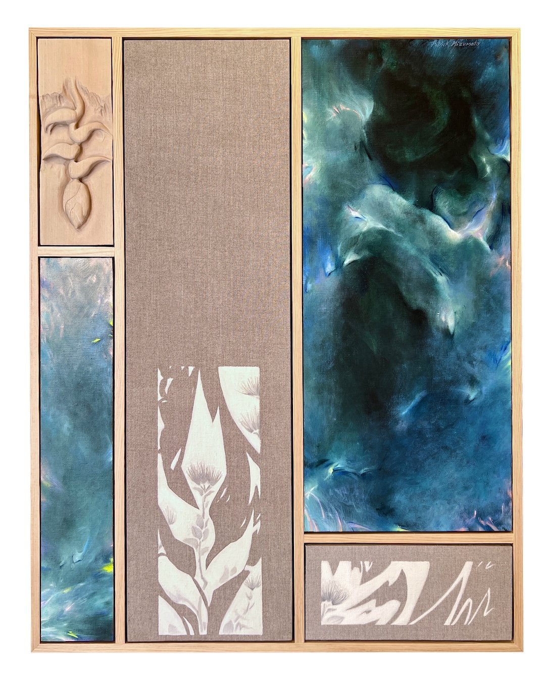 Interwoven Systems. 


Hand-carved basswood, oil paint, belgian linen, canvas, artist-made frame. 24" x 30.5"
