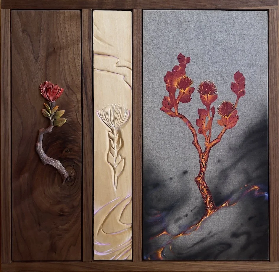 Lehua Of The New Earth.

Handcarved basswood, Oil paint, acrylic, linen, walnut wood, handmade walnut frame.  24" x 24" x 1.5"