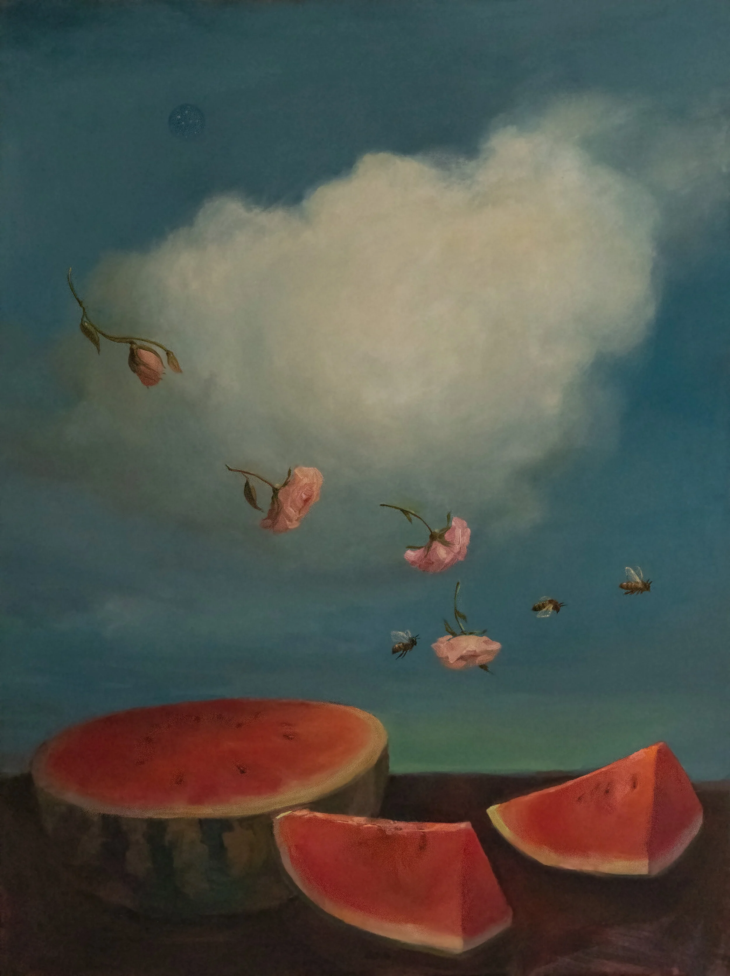 “Gifts from God, Watermelon Rose Bee”  oil on canvas  32” x 24”