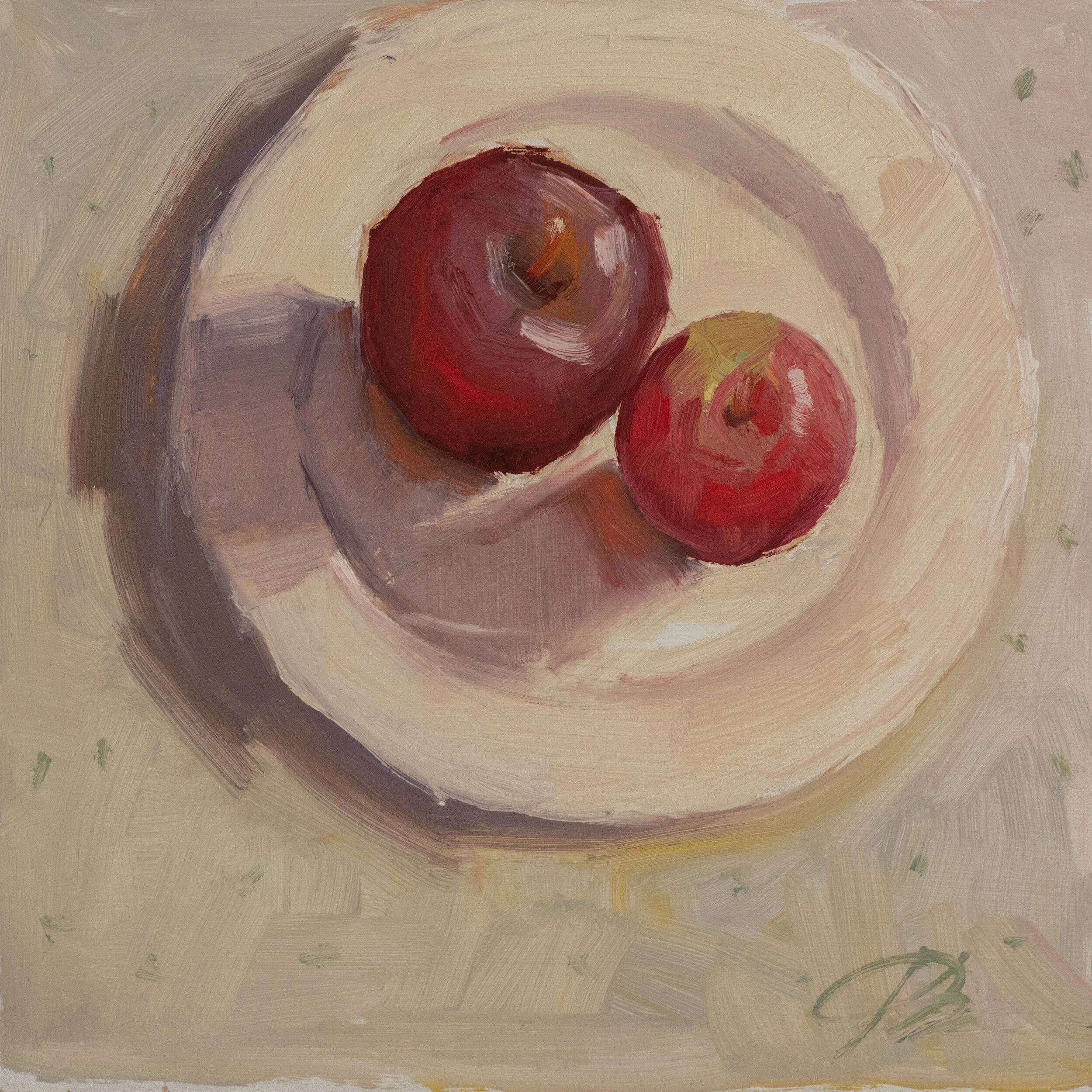 “Apples on a Plate”  oil on board  12” x 12”
