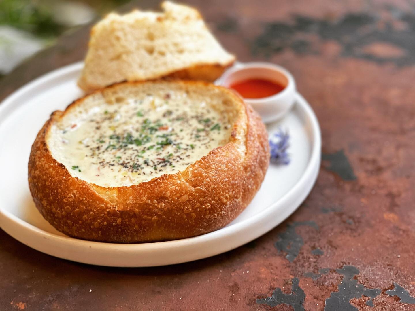 **NEW** Available starting today!
New England Style Clam Chowder in Bread Bowl 
16 oz. Clam Chowder with Miso + Littleneck Clams + Leeks + Bacon + Sourdough Bread Bowl