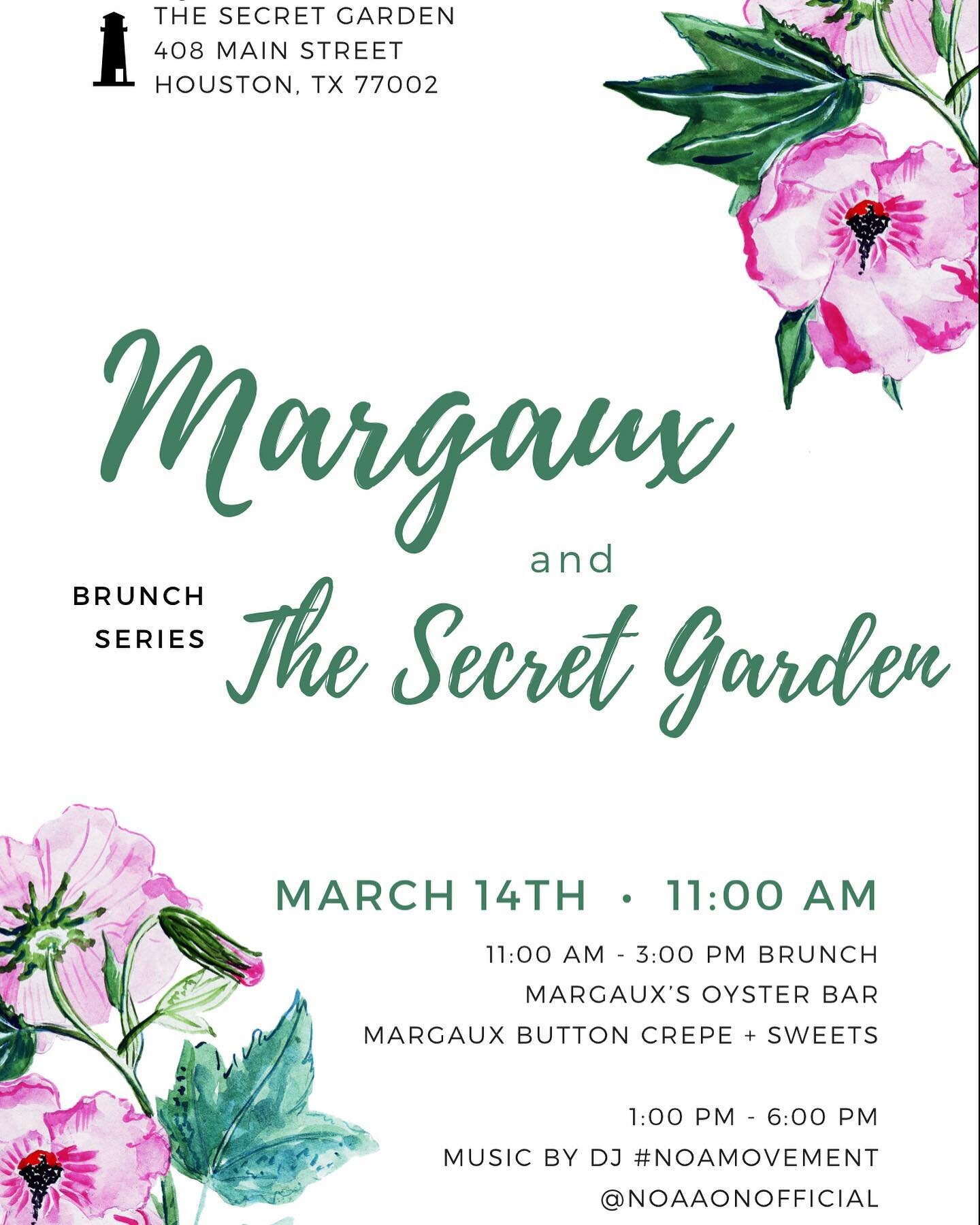 Margaux and The Secret Garden | Brunch Series Launch this Sunday 🌸 

🥂: @secretgardenhtx 
🎶: @noaaonofficial 
🍽: @margauxsoysterbar 
🍰: @margauxbuttonhtx