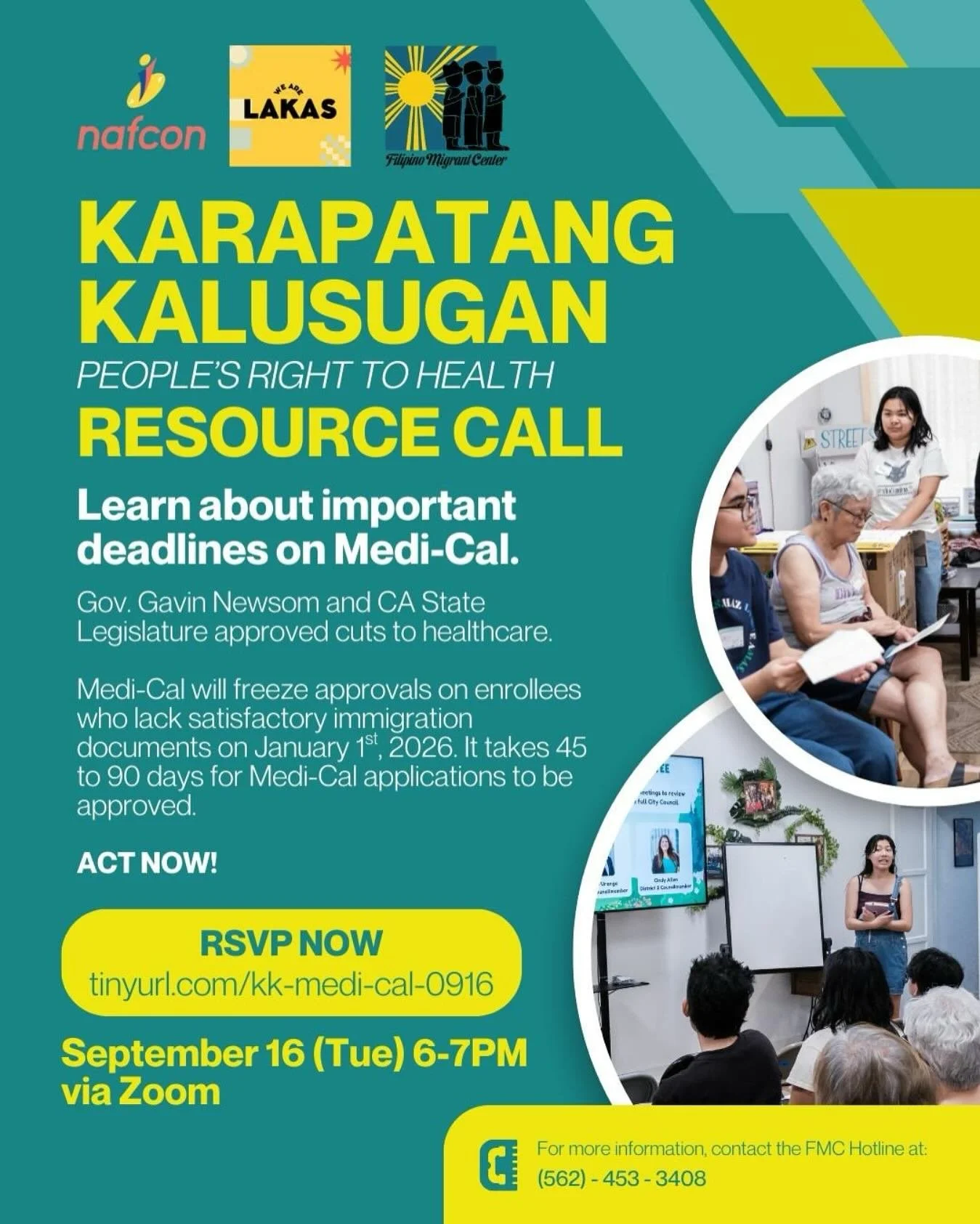 Karaptang Kalusugan (People&rsquo;s Right to Health) Resource Call
September 16, 2025 6-7PM
RSVP via tinyurl.com/kk-medi-cal-0916

We believe that healthcare is a human right for our kababayans, regardless of immigration status. 

Join our resource c