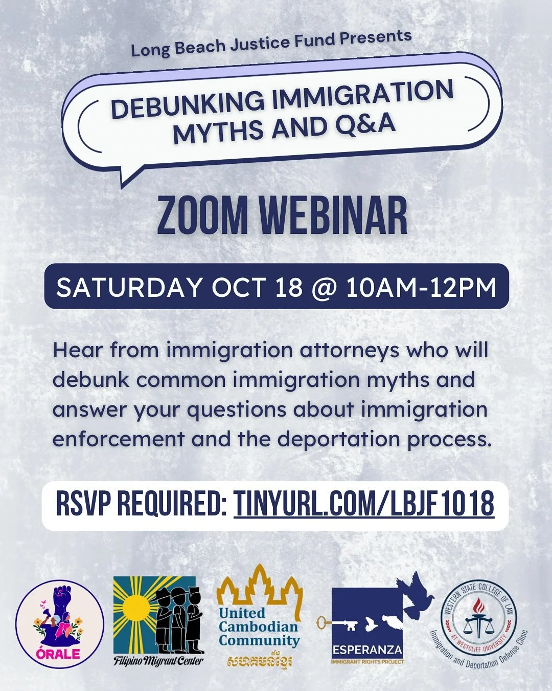 Debunking Immigration Myths and Q&amp;A Zoom Webinar 

Saturday Oct 18 @ 10am-12pm

Hear from immigration attorneys who will debunk common immigration myths and answer your questions about immigration enforcement and the deportation process.

RSVP re