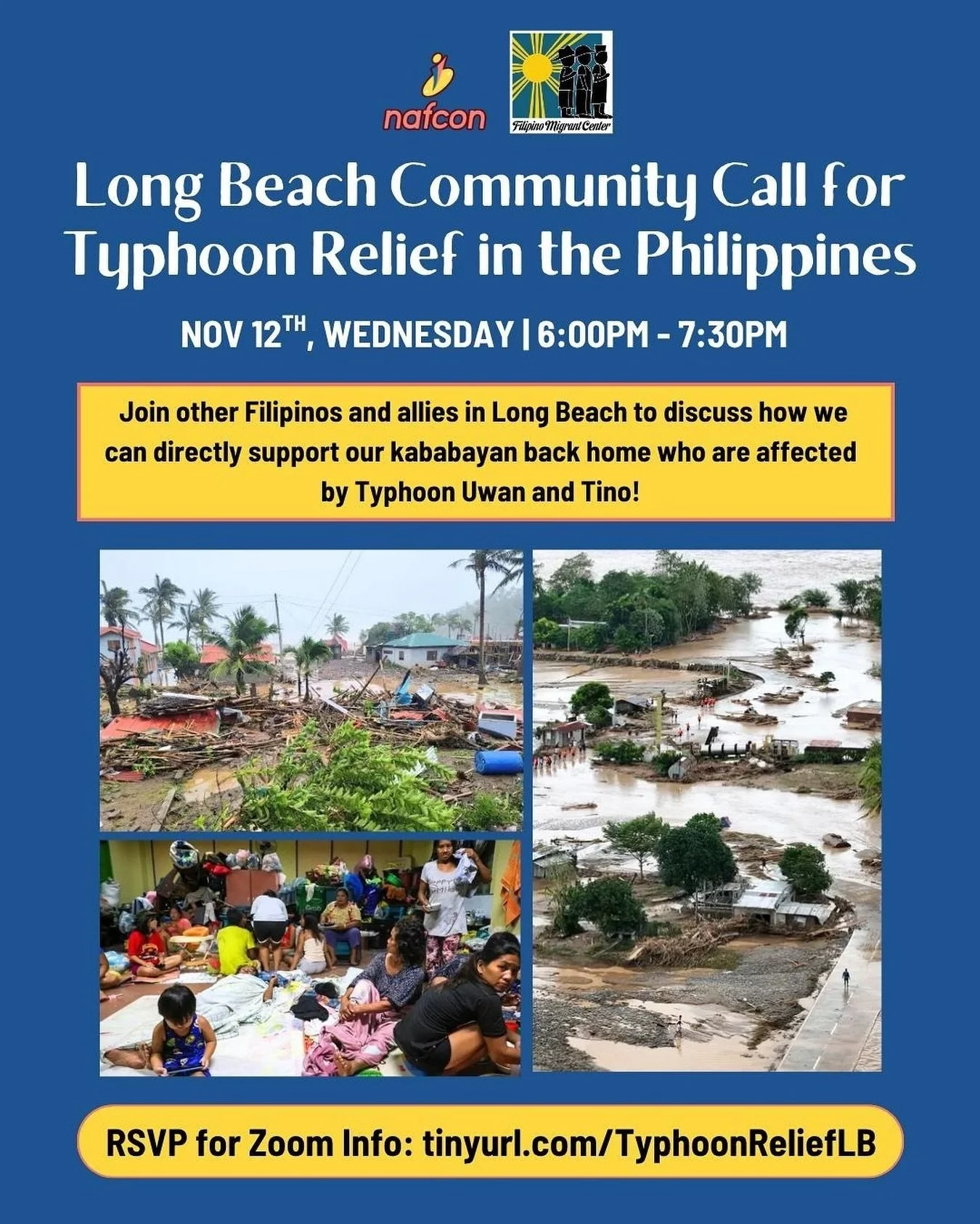 📣 Emergency Community Call TONIGHT from 6-7:30pm to talk about typhoon relief efforts for the Philippines 📣

FMC and @nafconsocal are calling on concerned Filipinos and allies in Long Beach to join us tonight to discuss different ways we can suppor
