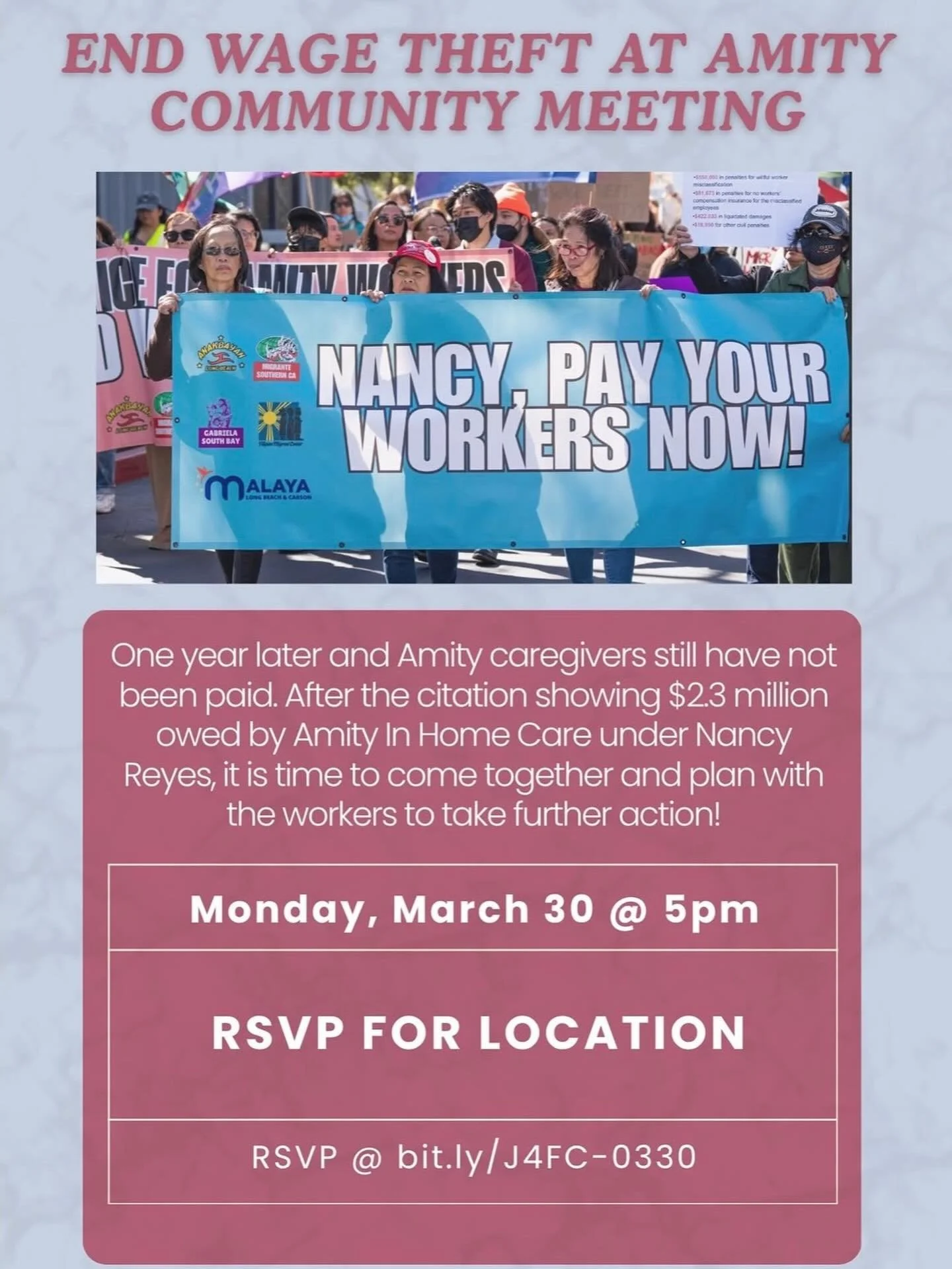 Join us this Monday evening at a community evening and potluck to hear updates about the End Wage Theft at Amity Campaign. One year no justice!

RSVP: bit.ly/J4FC-0330
More Info: endamitywagetheft.org

endamitywagetheft.com