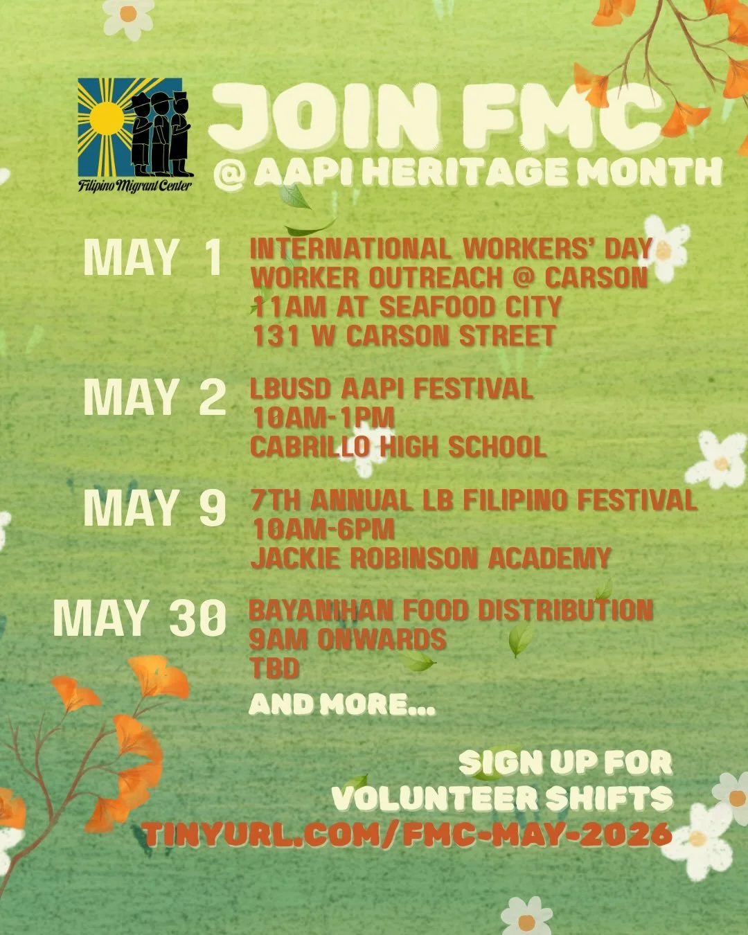 This May, celebrate Asian American and Pacific Islander Heritage Month with the Filipino Migrant Center at different community activities across Southern California. Volunteer with us and help with reaching our kababayans and sharing with them commun