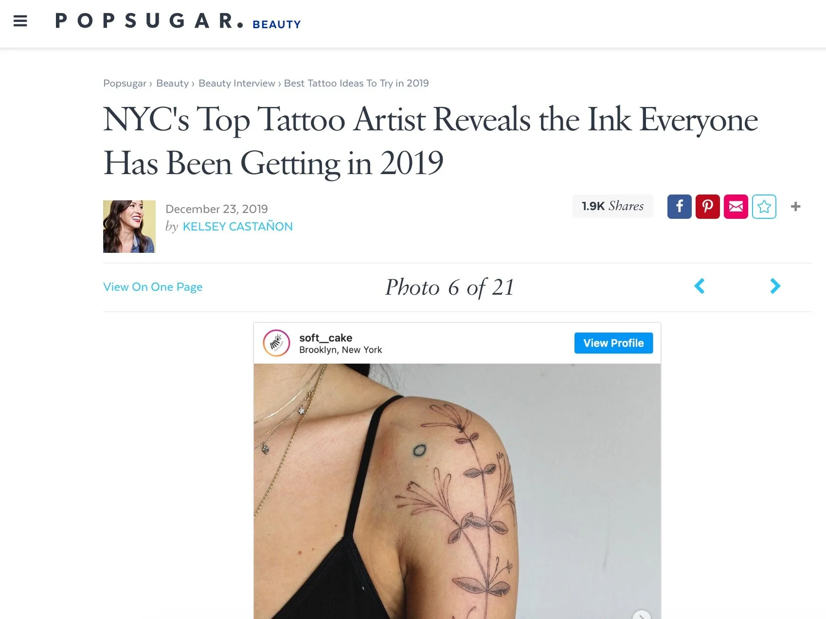 POPSUGAR “NYC’s Top Tattoo Artist Reveals the Ink Everyone Has been Getting in 2019”