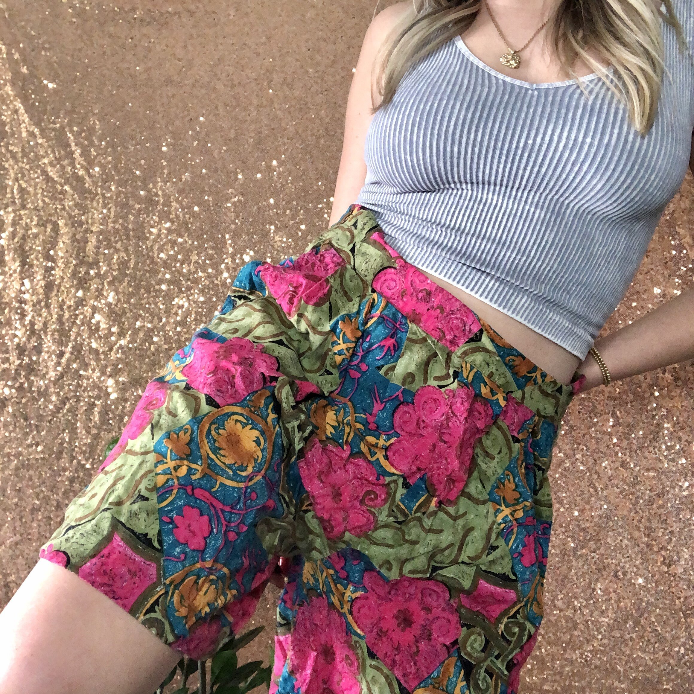 Vintage Pink Floral 100% Rayon Shorts With Pockets