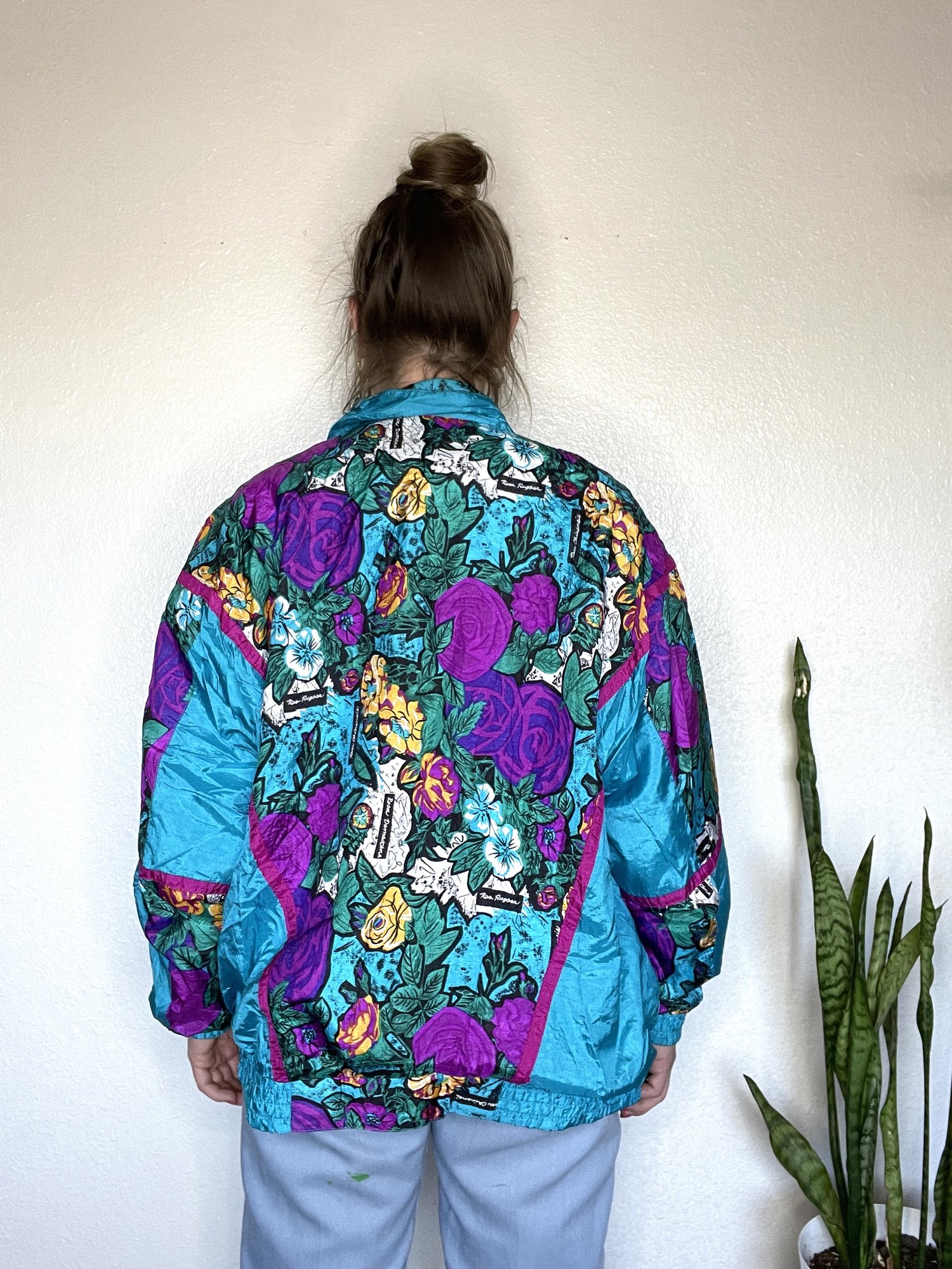 Vintage 90's Bright Teal Purple Floral Retro Windbreaker Jacket