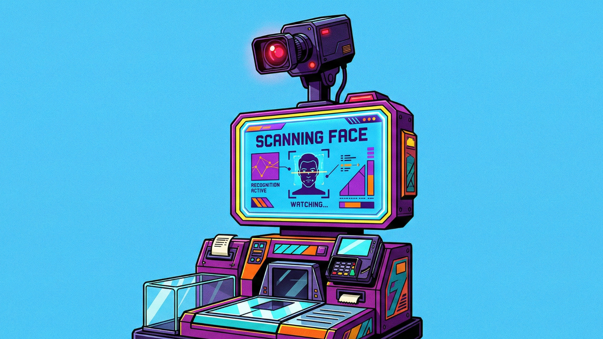 A colorful illustration of a security scanning robot with a camera on top and a monitor displaying face recognition data, set against a bright blue background.