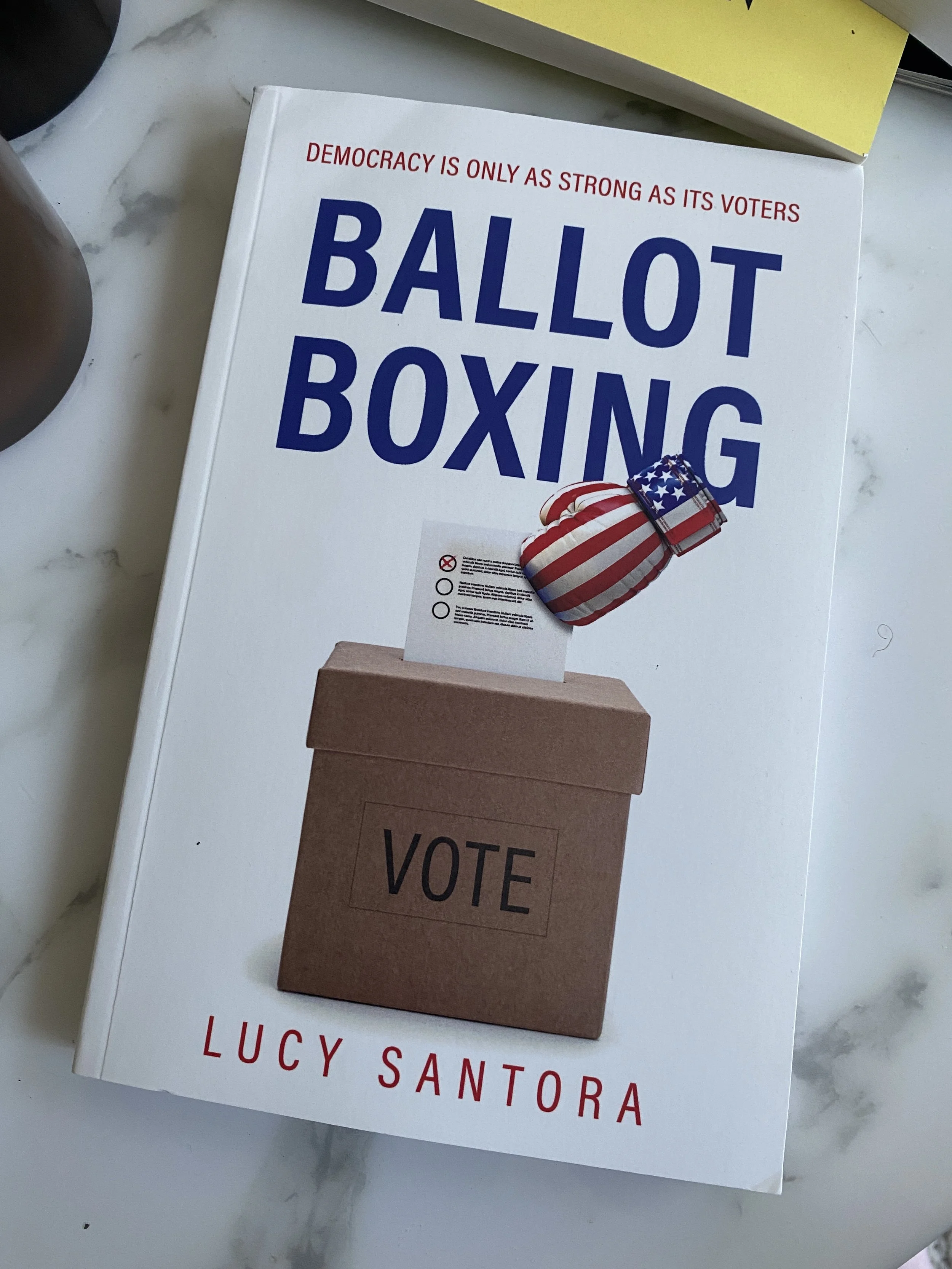 Book titled 'Ballot Boxing' by Lucy Santora with a boxing glove decorated with an American flag pattern, and an image of a ballot being inserted into a cardboard ballot box.