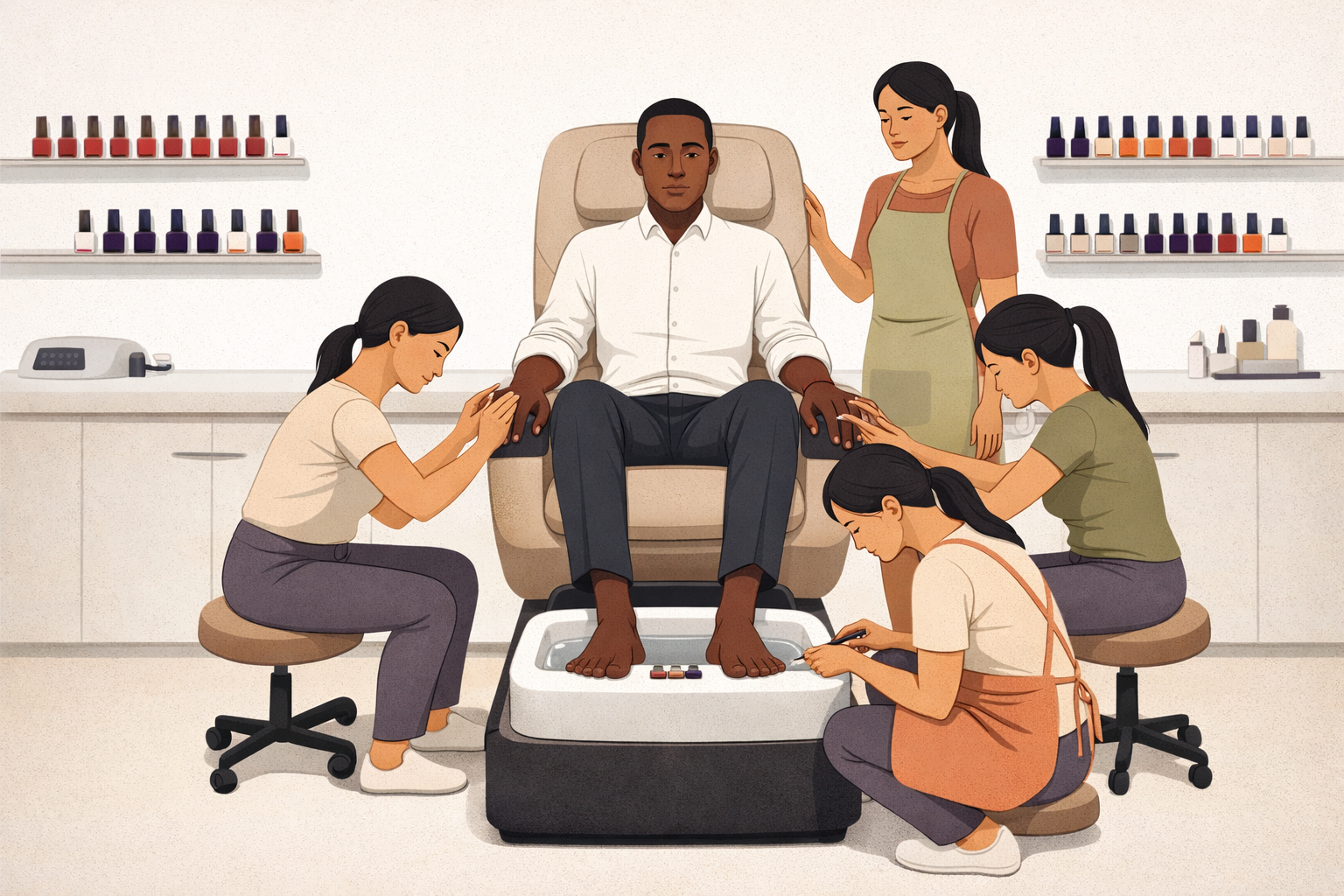 Man at a pedicure station with four nail technicians working on his hands and feet in a salon.