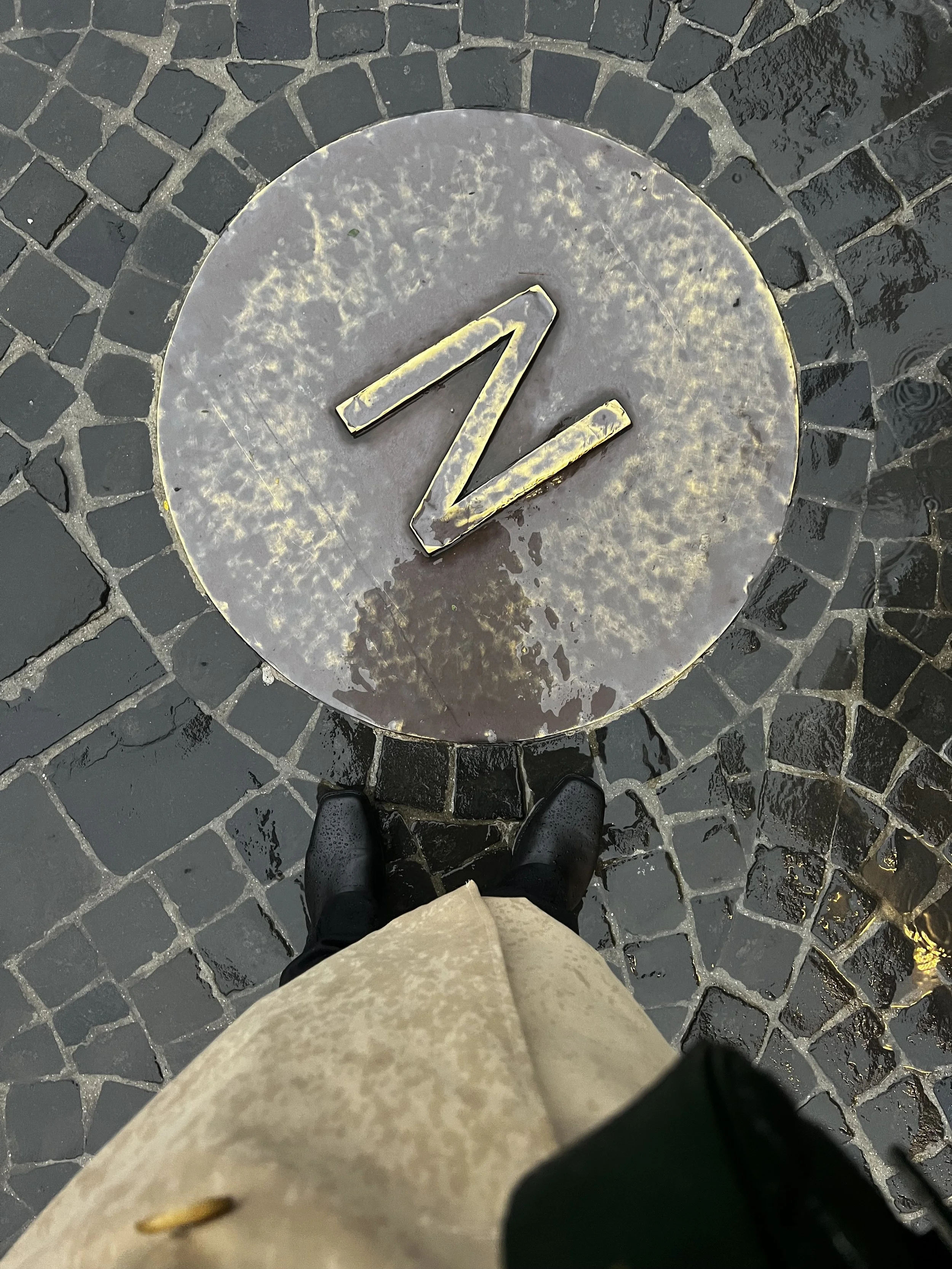 ETHAN WARD standing on a wet cobblestone street, looking down at a circular manhole cover with a metallic letter 'Z' embossed in the center.