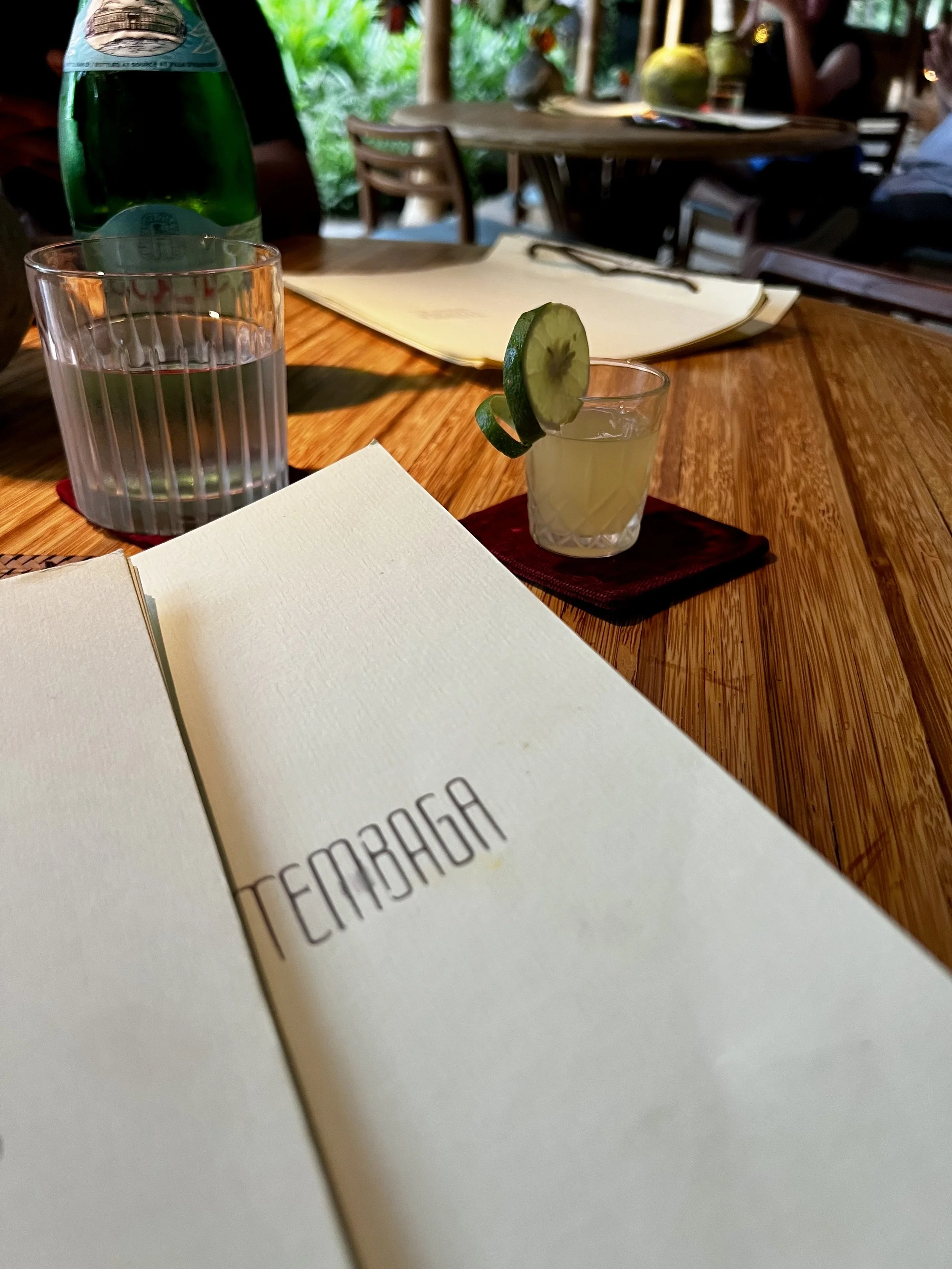 A table with a menu, a glass of water, a cocktail garnished with a cucumber slice, and a bottle of sparkling water in a restaurant with natural greenery in the background.