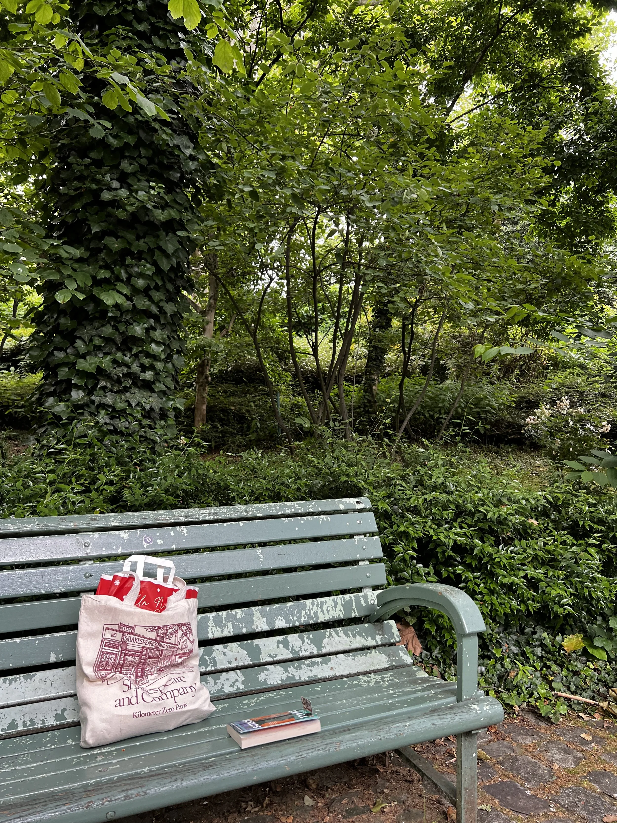 A green park bench with peeling paint, situated outdoors among lush leafy trees and bushes. On the bench, there is a tote bag with red and white items inside, a closed book, and a lighter.