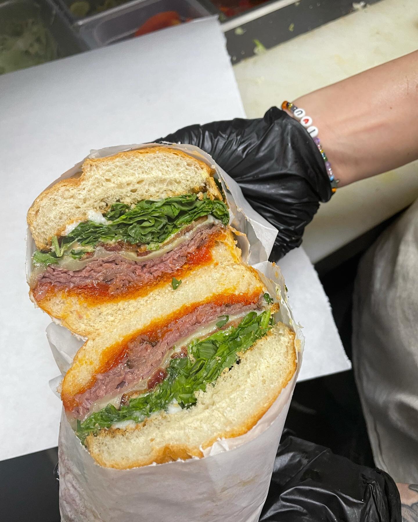 Another amazing sub by our amazing staff !! This sub is the Adriana! Roast beef , bacon , arugula , fontina cheese , mama Lils peppers , sundried tomatoes, and garlic sauce!