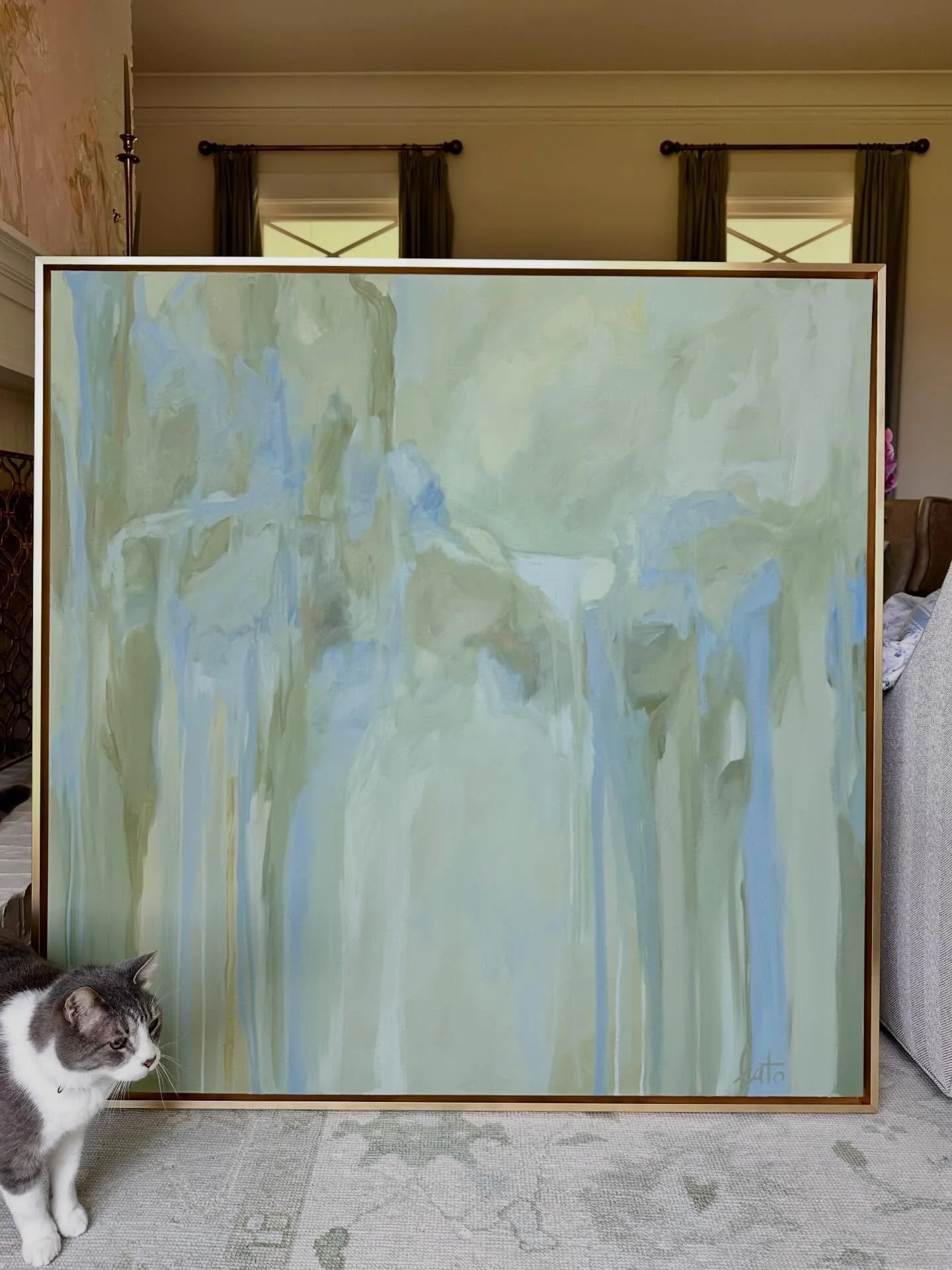 My tiniest assistant approves this meowsterpiece. I think my animals are so used to me taking their adorable little photos that anytime my camera is out, they can&rsquo;t help but believe they are the subject. 48x48 oil on canvas headed to @thecollec