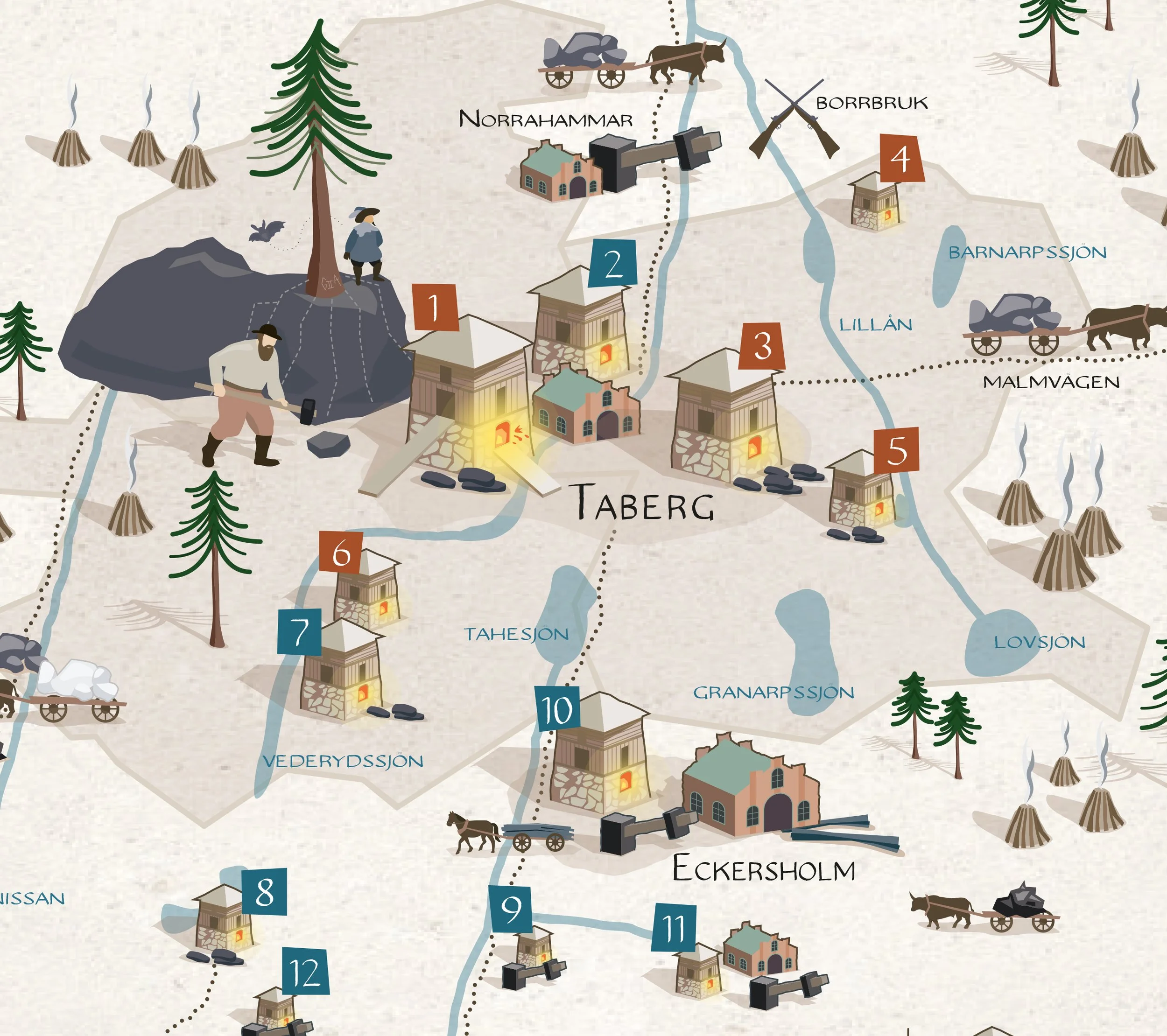 illustrerad karta över Tabergs bergslag gruva. Infografik. illustrated map, bergslag, gruva, järnmalm, kalk, taberg, gruvmuseum, 1600-tal, 1700-tal